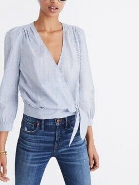 Madewell 100% cotton Navy and White Striped Wrap Blouse with Tie Waist. Size S
